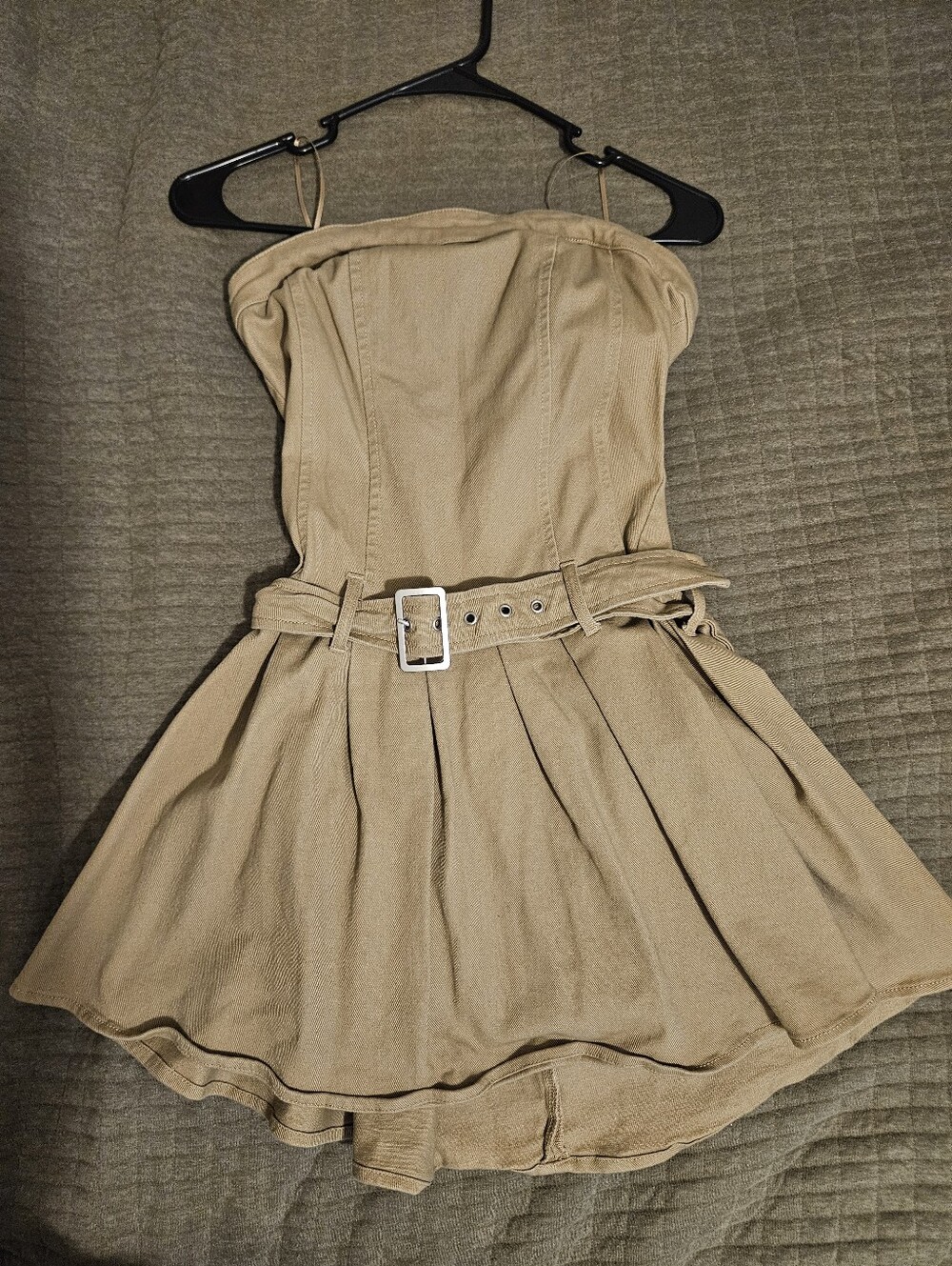 Strapless Belted Tan Drop Waist Causal Dress